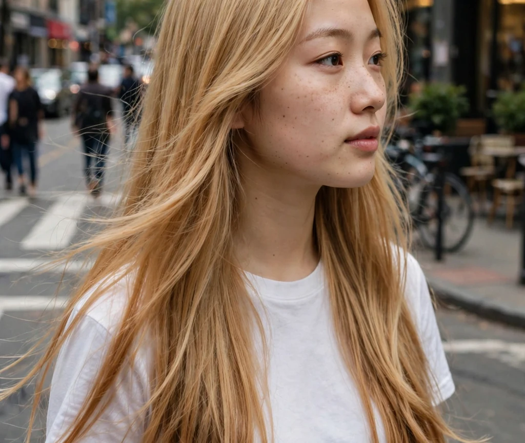 East Asian woman with long straight honey blonde hair with honey-dipped ends on a city street