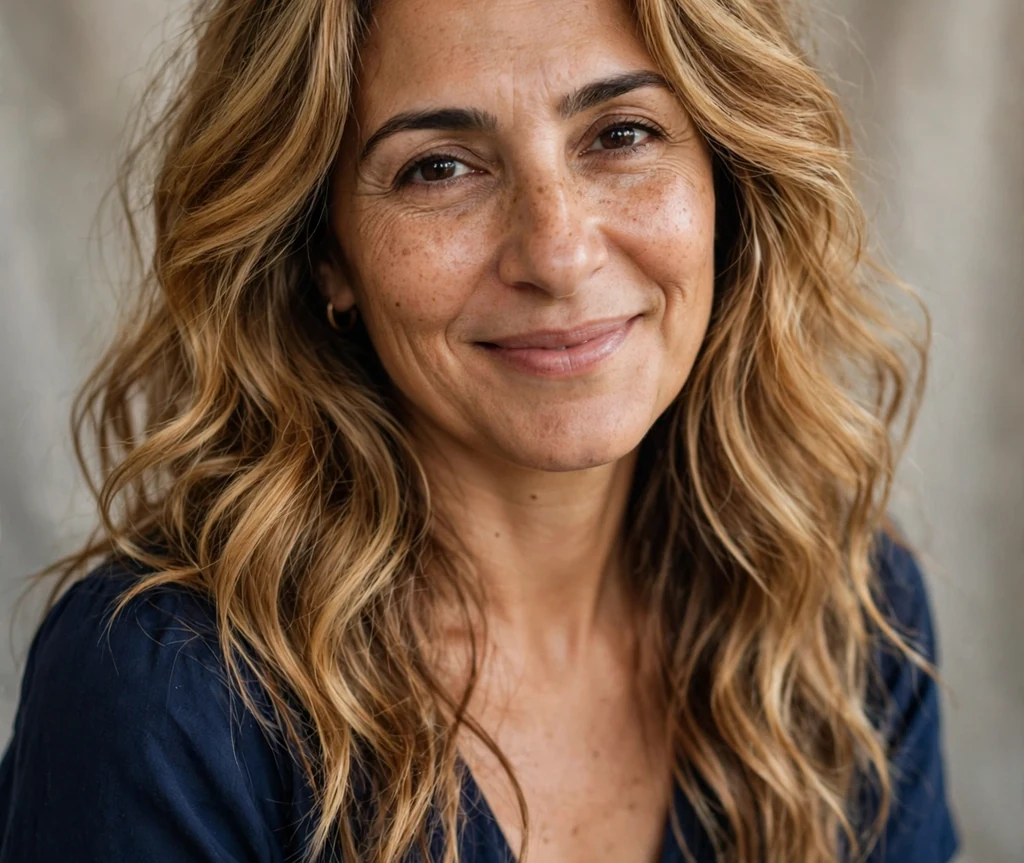 Middle Eastern woman with caramel honey blend waves in a navy dress in a studio