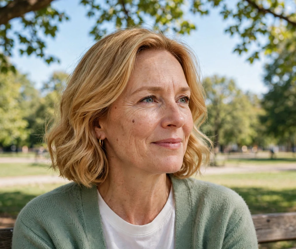 Woman in her 50s with a golden honey blonde bob in a sage cardigan in a park
