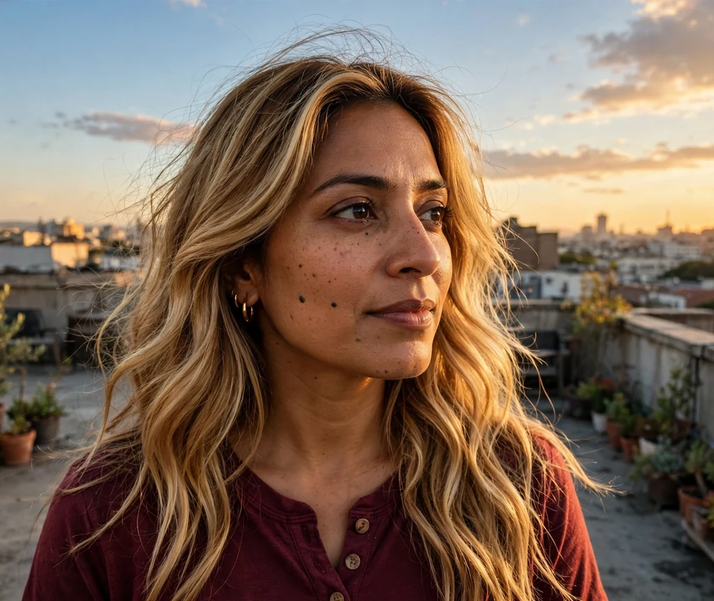 South Asian woman with long wavy honey blonde hair in a maroon top on a rooftop