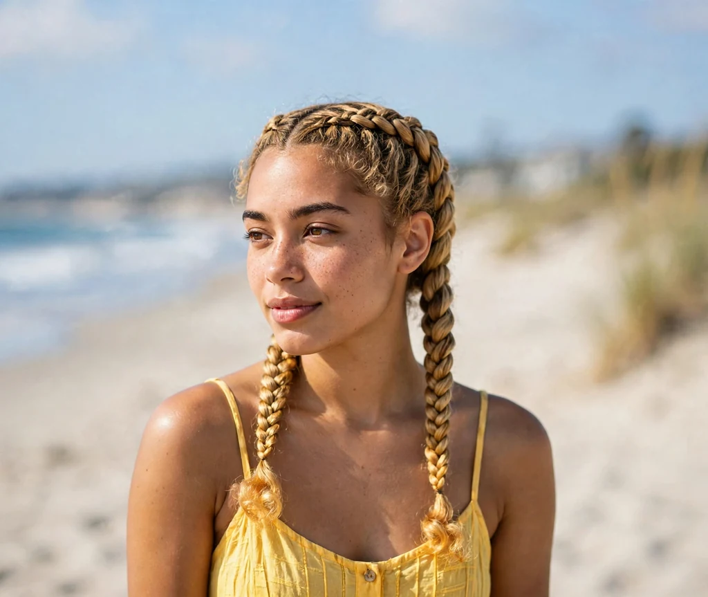Young woman with honey blonde boxer braids in a yellow sundress on the beach