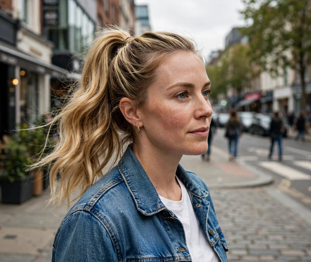 Woman with a honey blonde balayage ponytail in a denim jacket on a city street