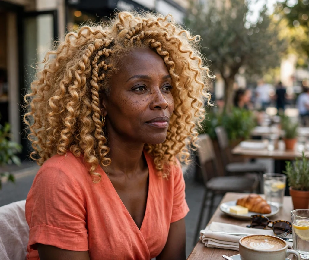 Black woman with honey blonde twist-out curls in a coral dress at an outdoor cafe