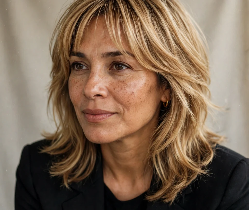 Latina woman with layered honey blonde hair and bangs in a black blazer