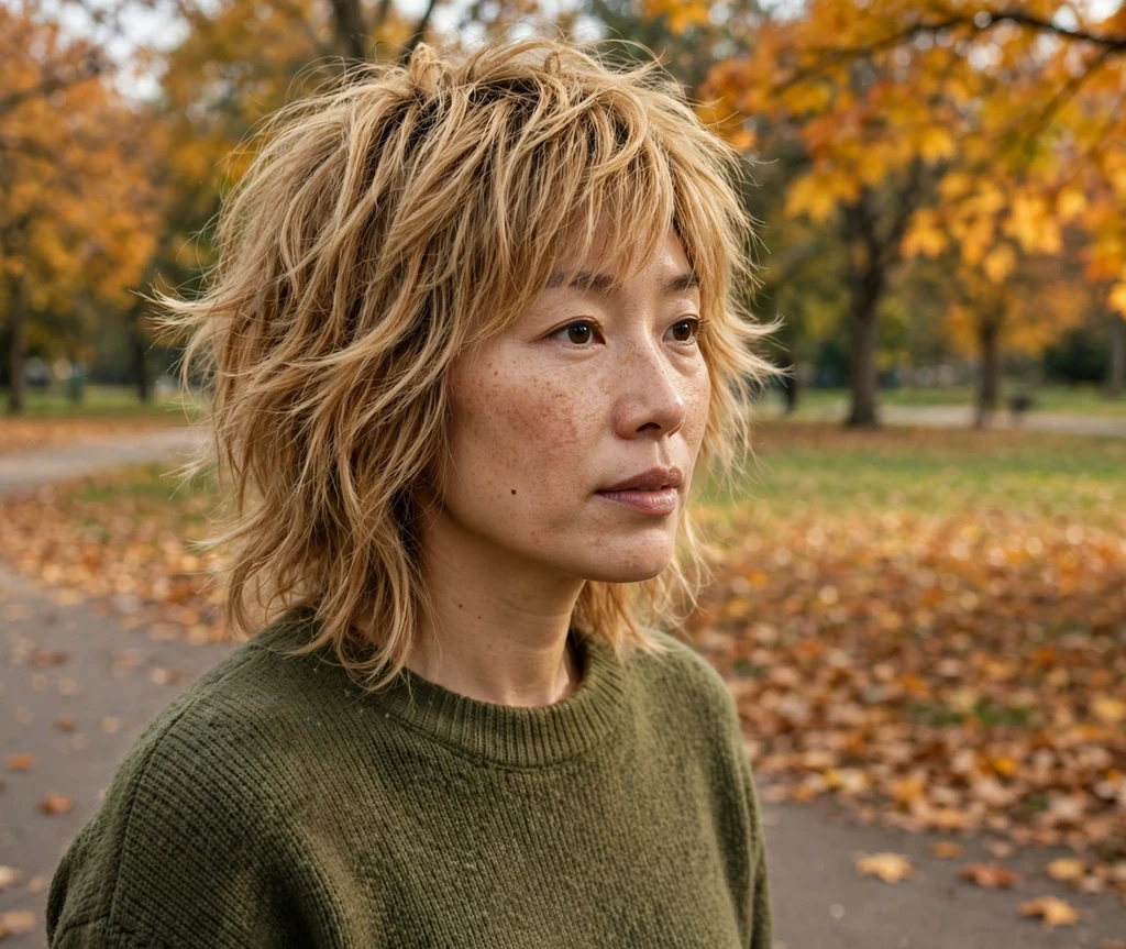 East Asian woman with a honey blonde shag haircut in an olive sweater in a park