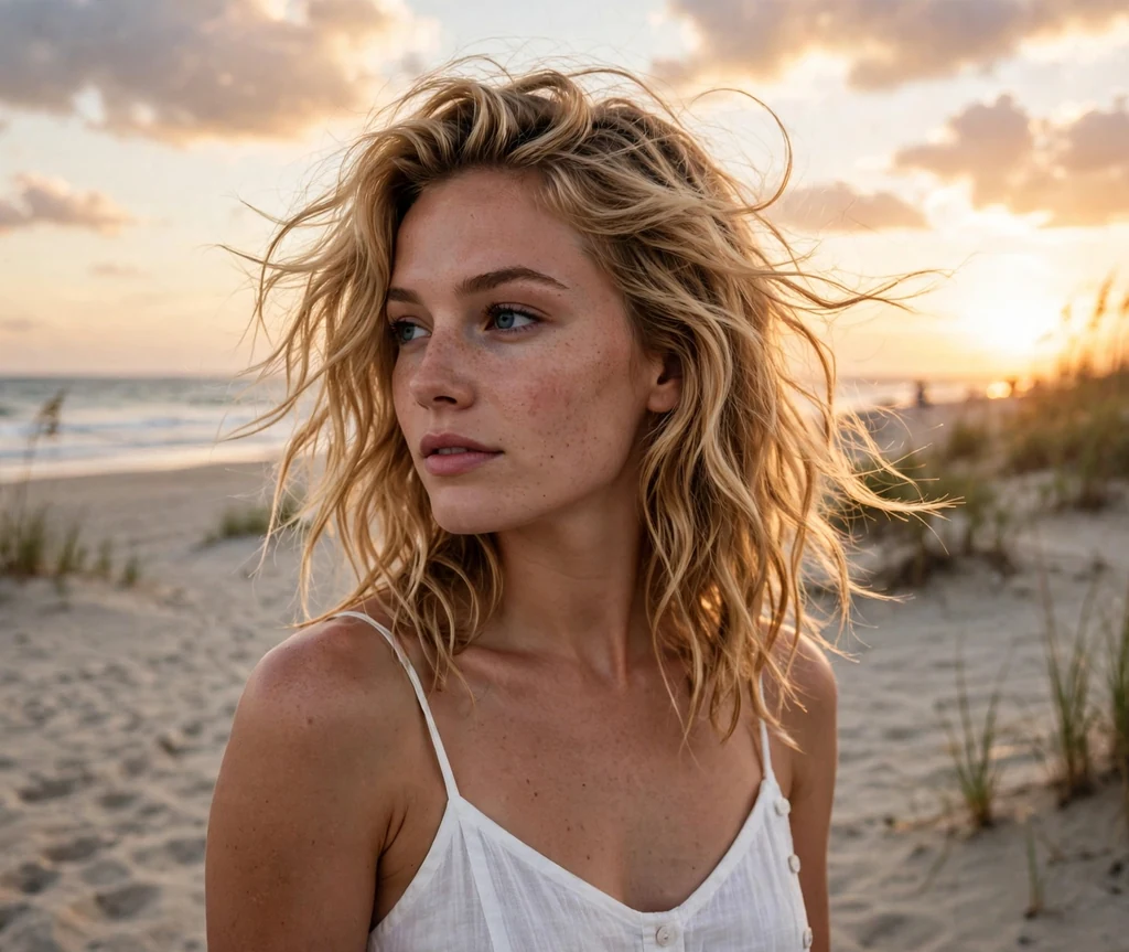 Young woman with honey blonde beach waves in a white sundress on the beach at sunset