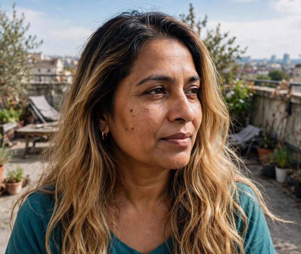 South Asian woman with honey-dipped ombre hair in a teal top on a rooftop