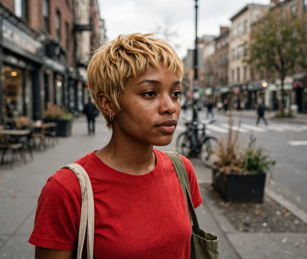 Black woman with a honey blonde pixie cut in a red top on a city street