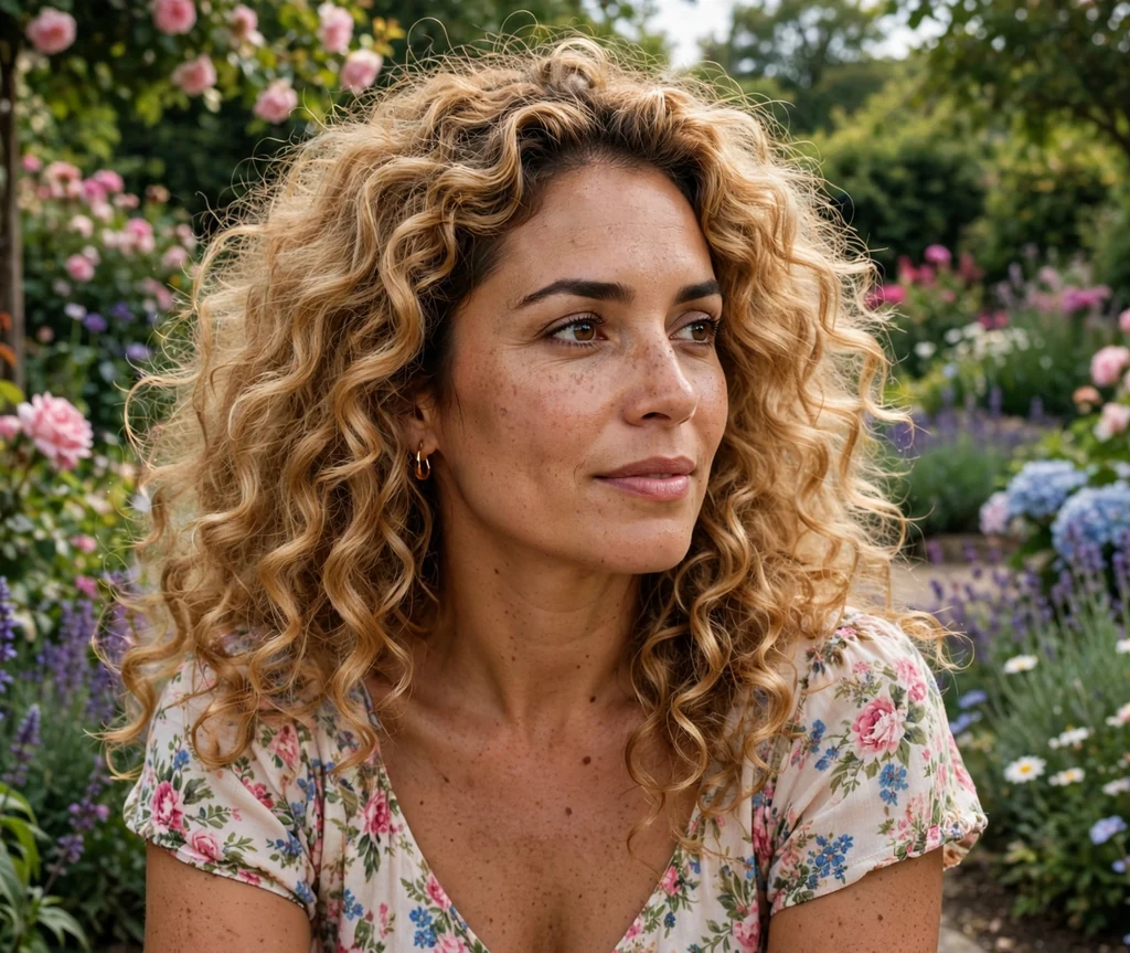 Latina woman with voluminous honey blonde curls in a floral dress in a garden