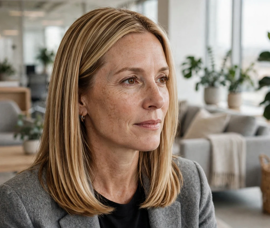 Woman with a sleek honey blonde lob in a gray blazer in a modern office lounge