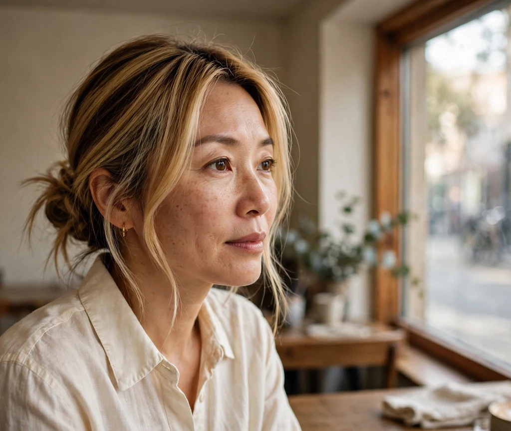 East Asian woman with a honey blonde low bun in a cream blouse at a cafe