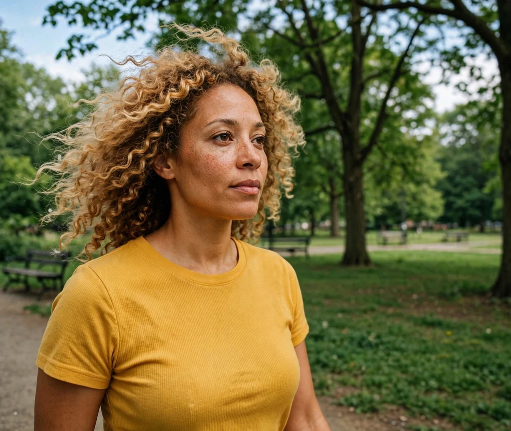 Woman with honey blonde natural curls in a mustard top in a park