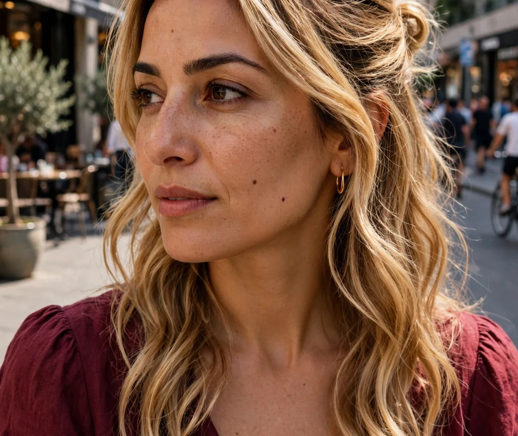 Middle Eastern woman with a honey blonde half-up hairstyle in a burgundy dress