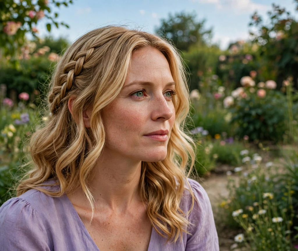 Woman with a honey blonde side braid in a lavender dress in a flower garden