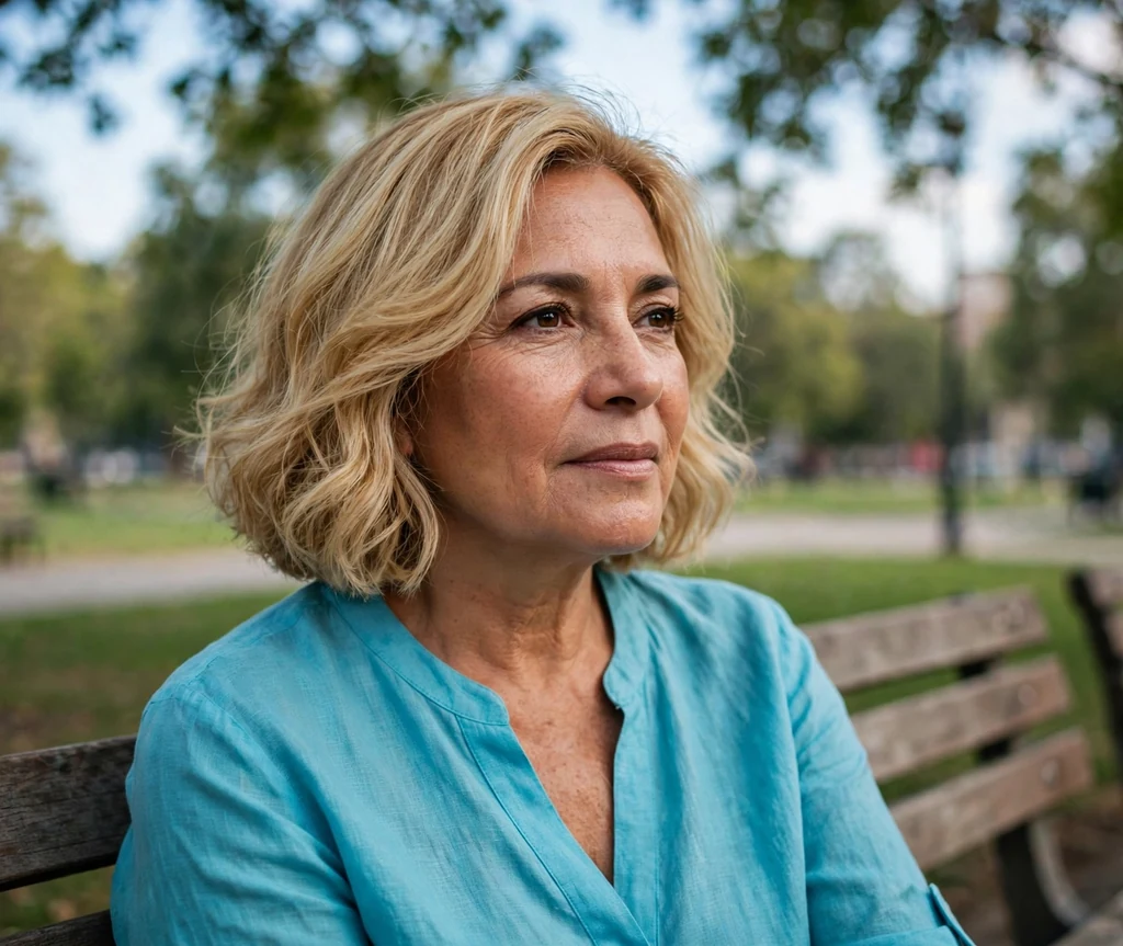 Latina woman in her 50s with a honey blonde bob in a turquoise blouse on a park bench