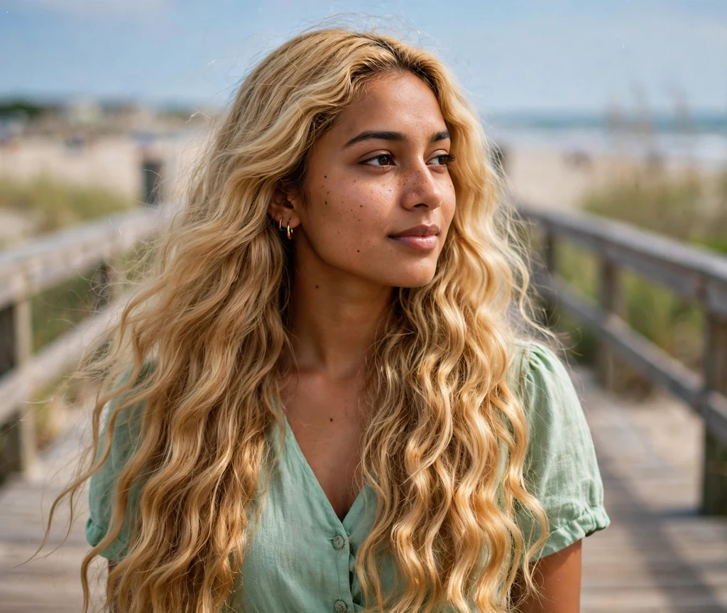 South Asian woman with long honey blonde mermaid waves in a mint dress on a boardwalk