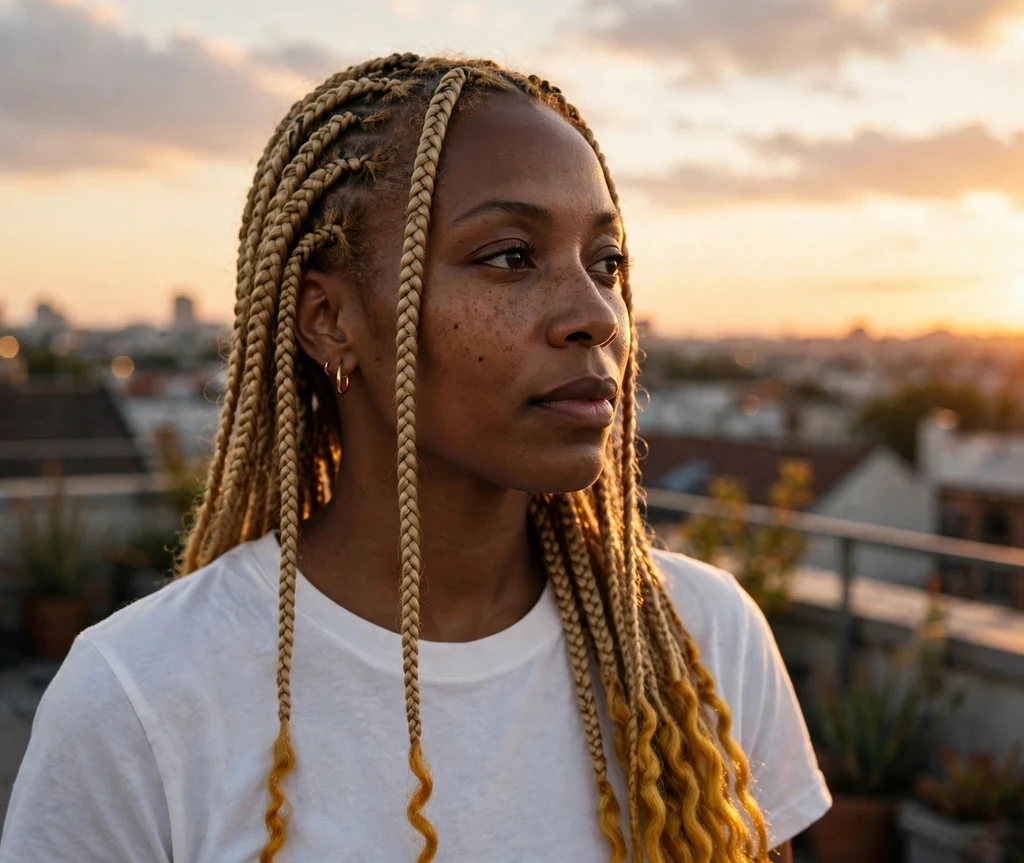 Black woman with honey blonde feed-in braids in a white top on a rooftop at sunset
