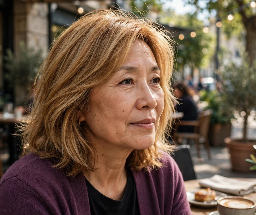 East Asian woman in her 50s with layered honey blonde hair in a plum cardigan at a cafe