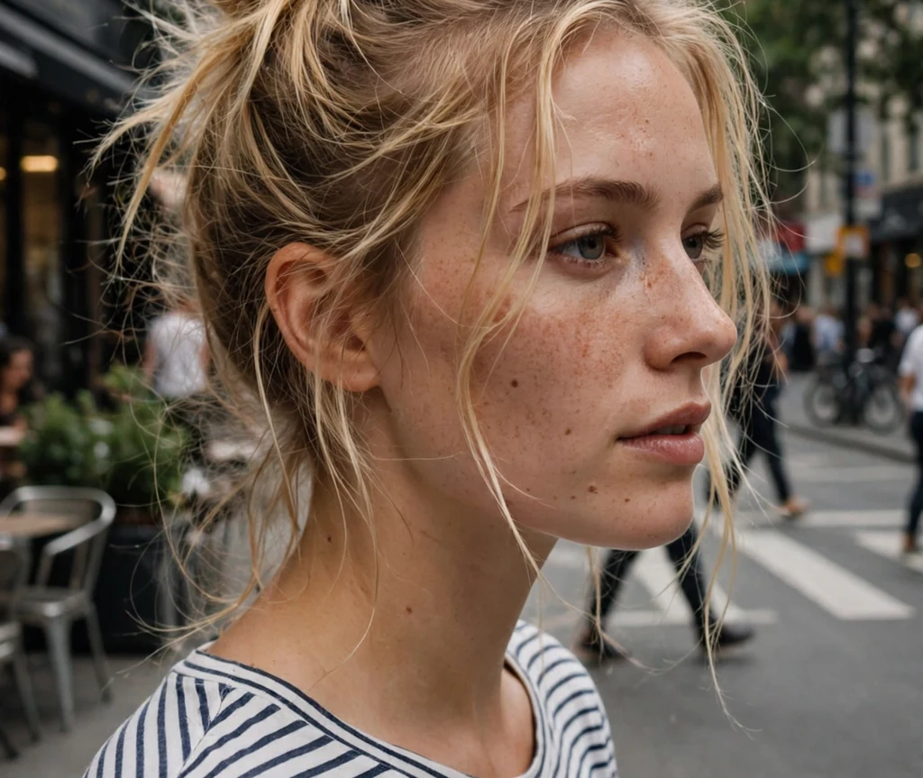 Young woman with a honey blonde messy bun in a striped tee on a city street