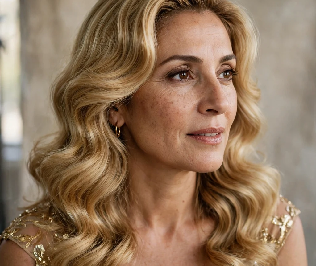 Middle Eastern woman with honey blonde Hollywood waves in a gold dress