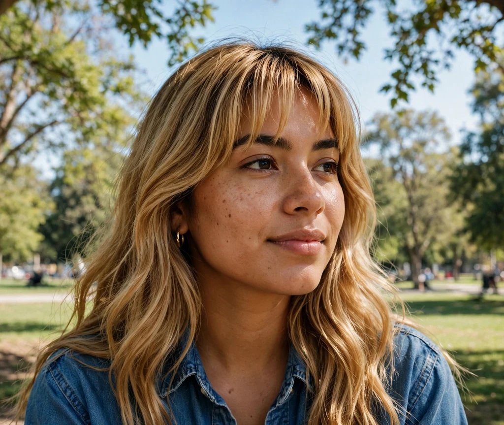 Latina woman with honey blonde curtain bangs in a denim shirt in a park