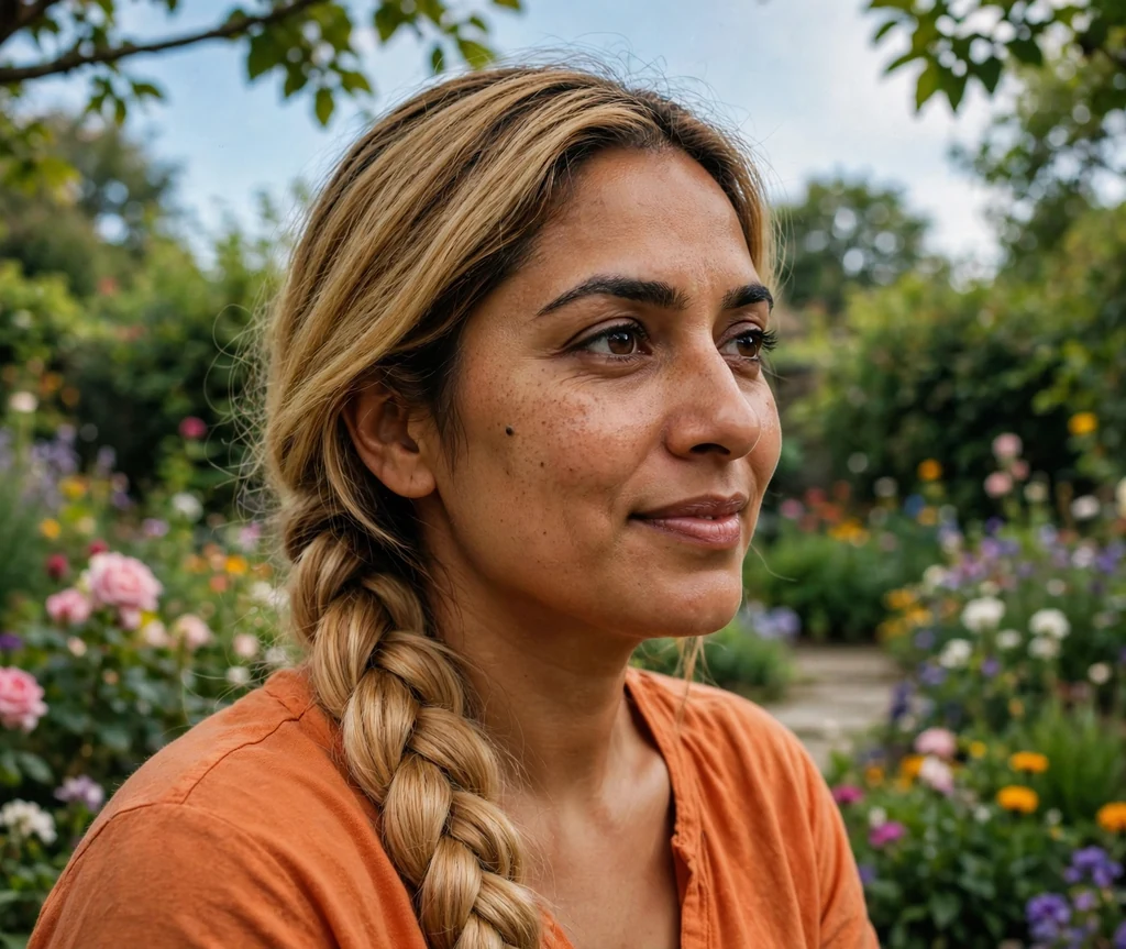 South Asian woman with a honey blonde fishtail braid in an orange top in a garden
