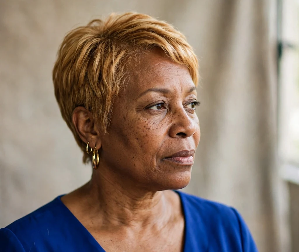 Black woman in her 50s with a tapered honey blonde haircut in a royal blue dress