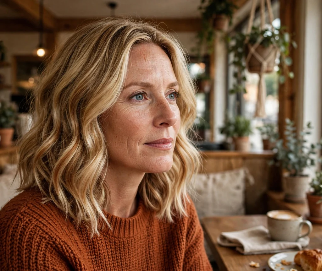 Woman with a honey blonde wavy midi cut in a rust sweater at a cafe