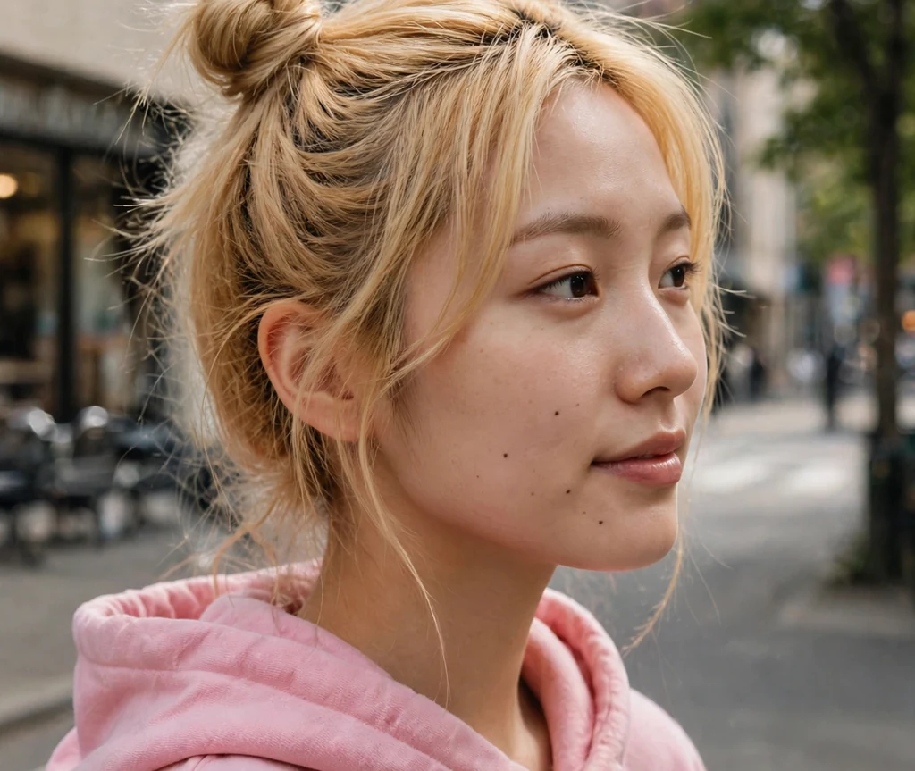 East Asian woman with honey blonde hair in two top knots in a pink hoodie