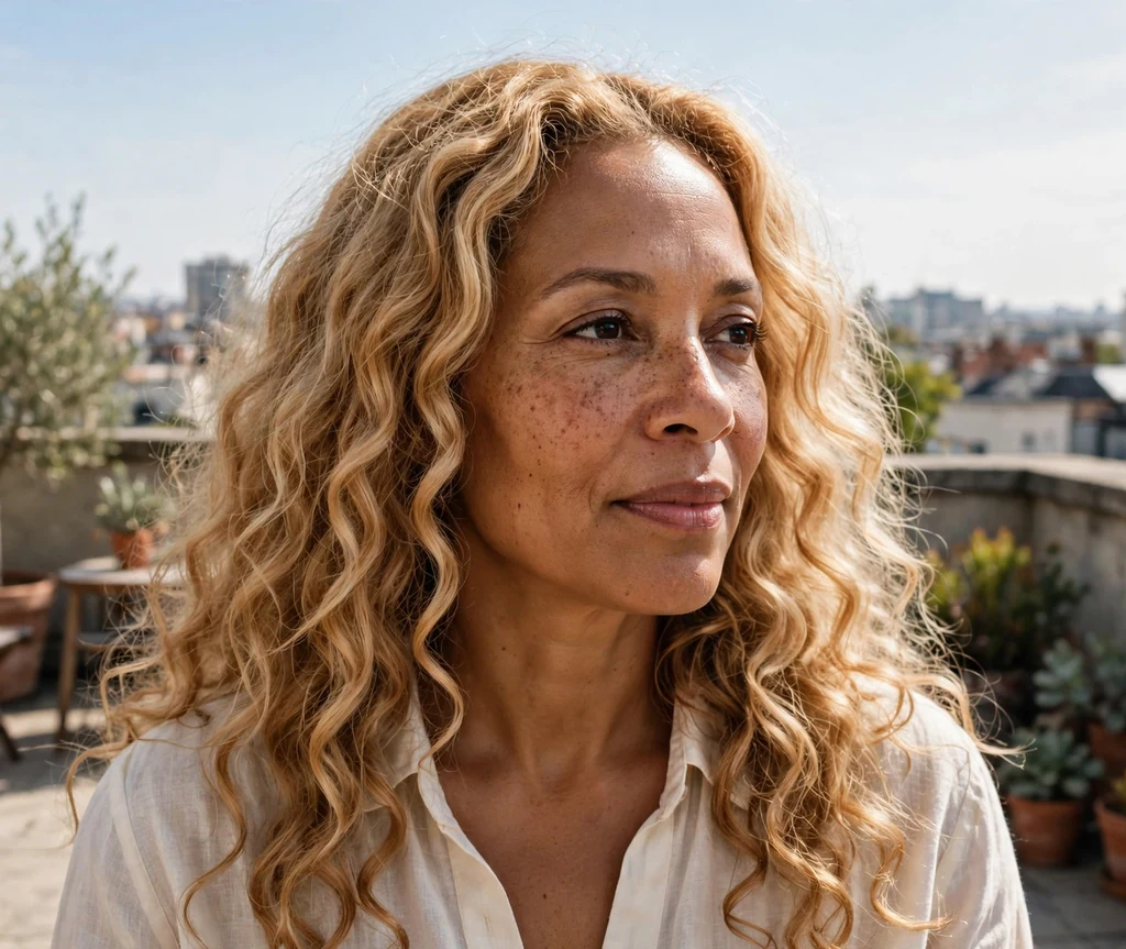Woman with long loose honey blonde curls in an ivory blouse on a rooftop