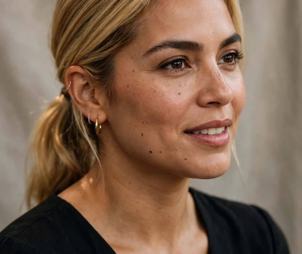 Latina woman with a sleek honey blonde ponytail in a black dress