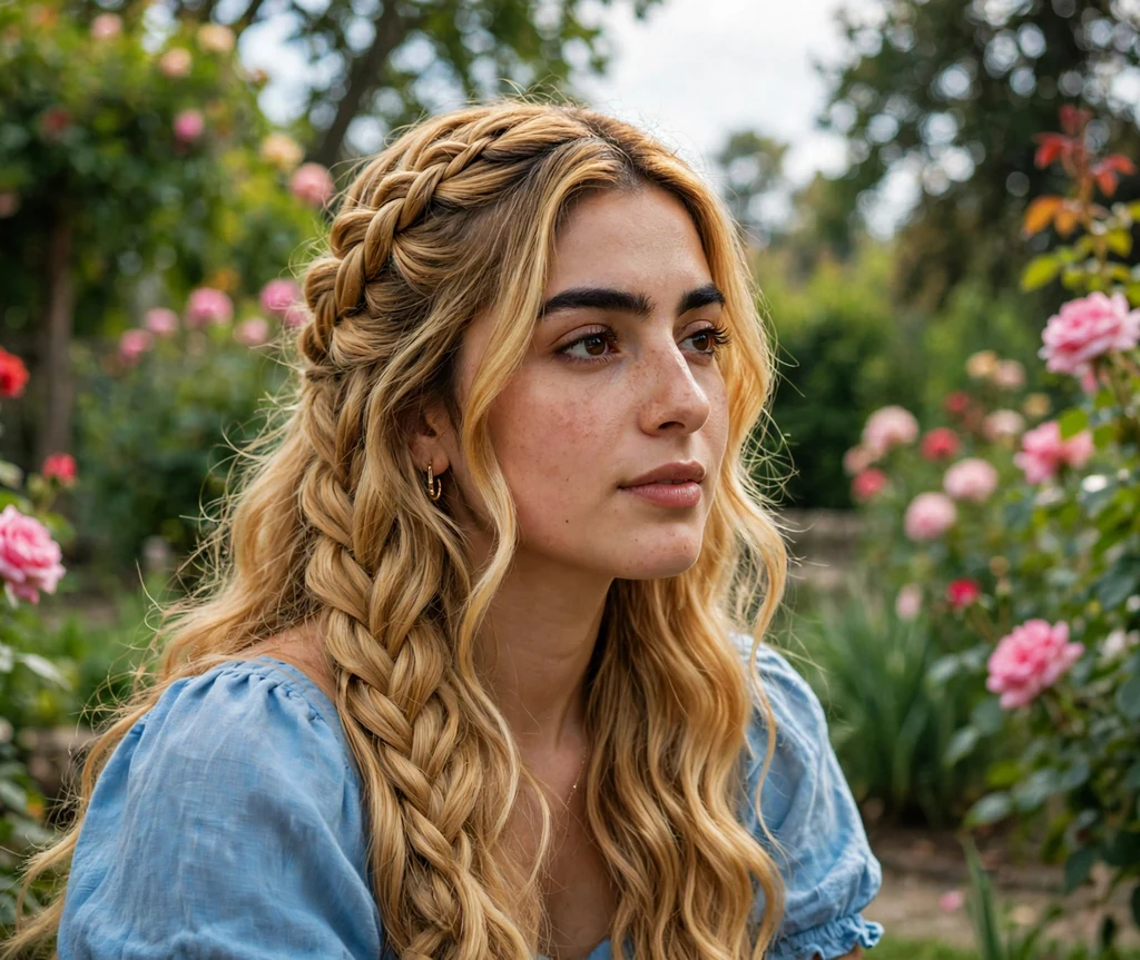 Middle Eastern woman with a honey blonde waterfall braid in a sky blue dress in a rose garden