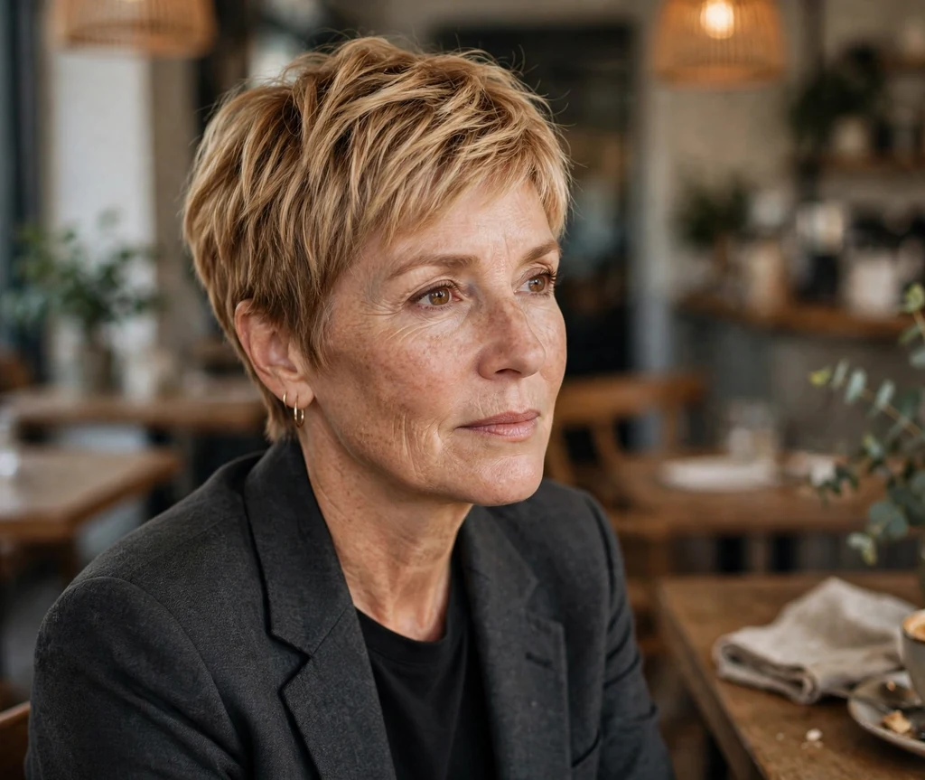 Woman in her 50s with a honey blonde pixie cut in a charcoal blazer at a cafe