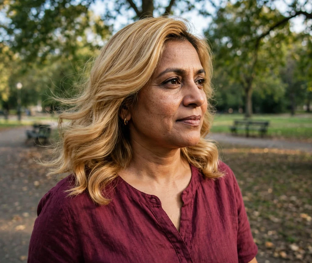 South Asian woman with honey blonde side-parted waves in a wine colored top in a park