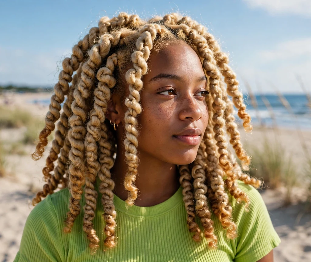 Black woman with honey blonde jumbo twists in a lime top on the beach