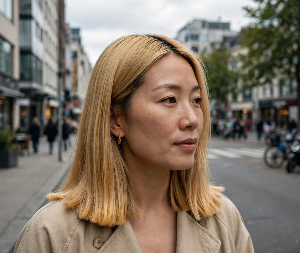 East Asian woman with straight honey blonde hair with blunt ends in a beige coat