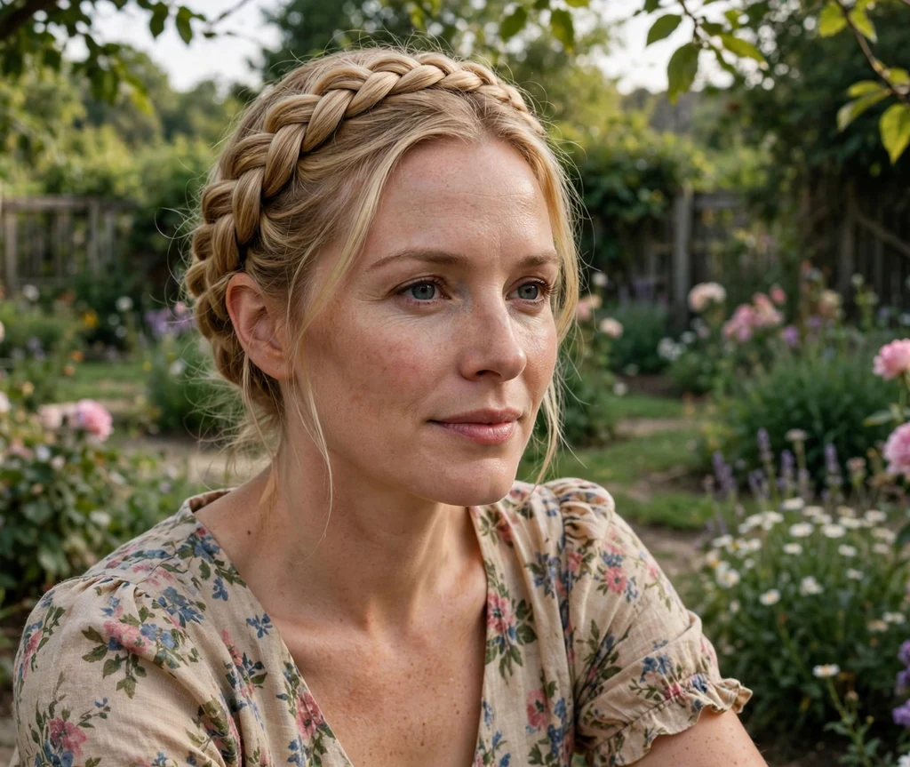 Woman with honey blonde milkmaid braids in a floral midi dress in a garden