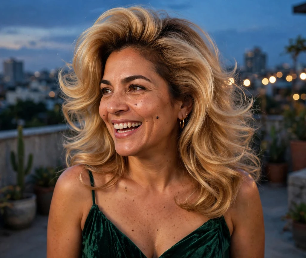 Latina woman with a voluminous honey blonde blowout in an emerald evening dress on a rooftop