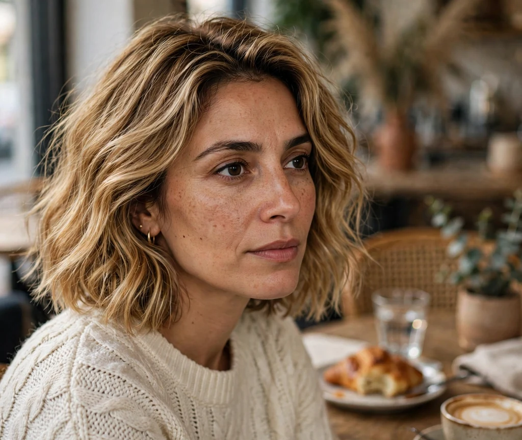 Middle Eastern woman with a wavy honey blonde bob in a cream knit sweater at a cafe