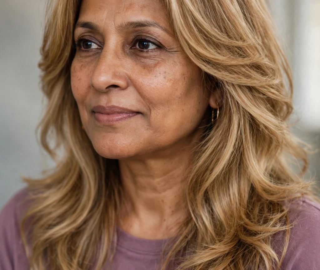 South Asian woman in her 50s with layered honey blonde hair in a mauve top