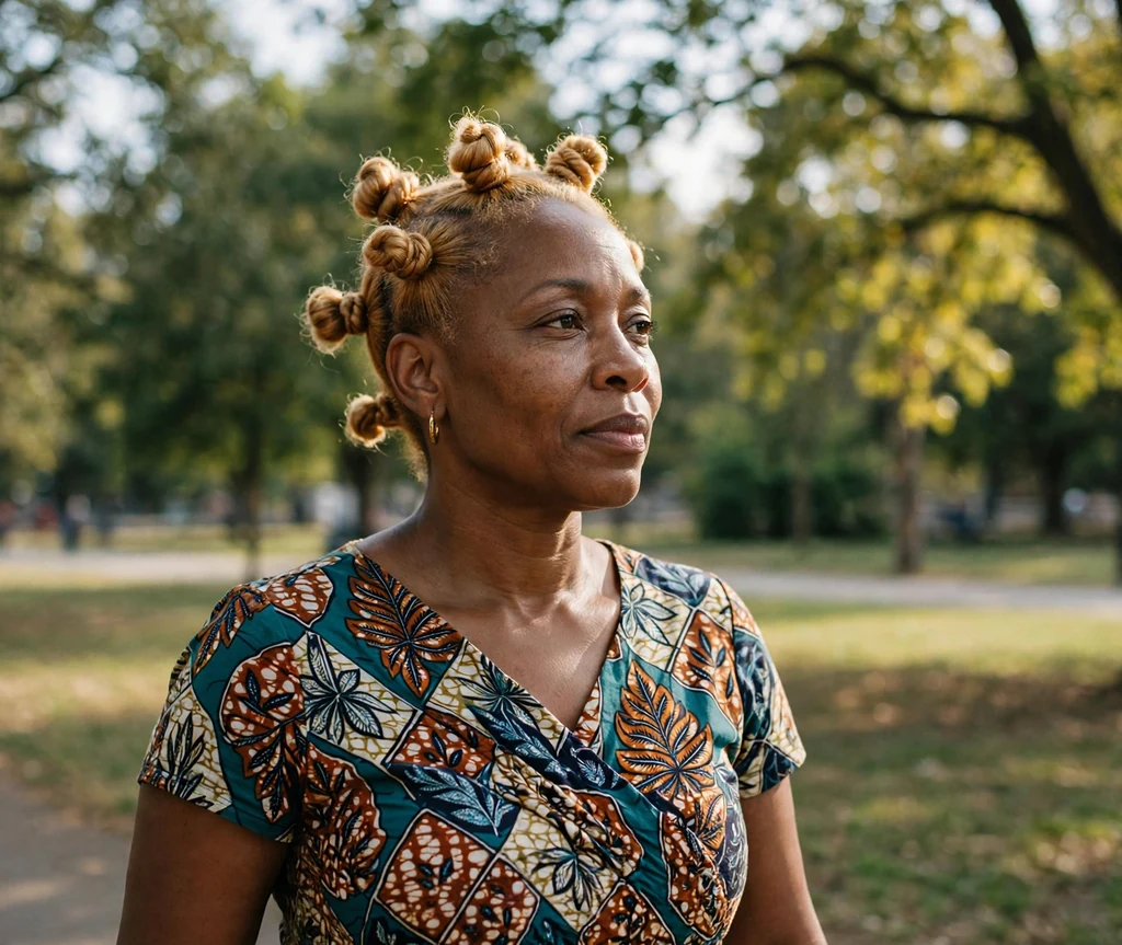 Black woman with honey blonde bantu knots in a patterned dress in a park