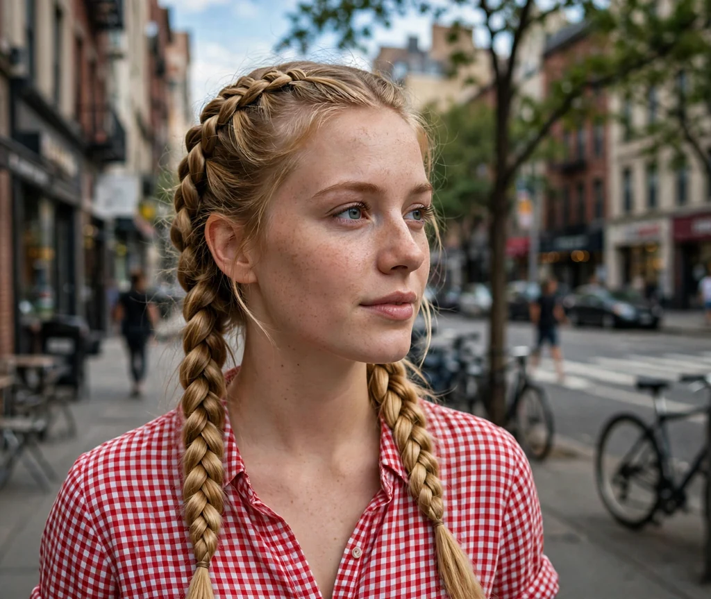 Young woman with honey blonde Dutch braids in a red gingham top on a city street