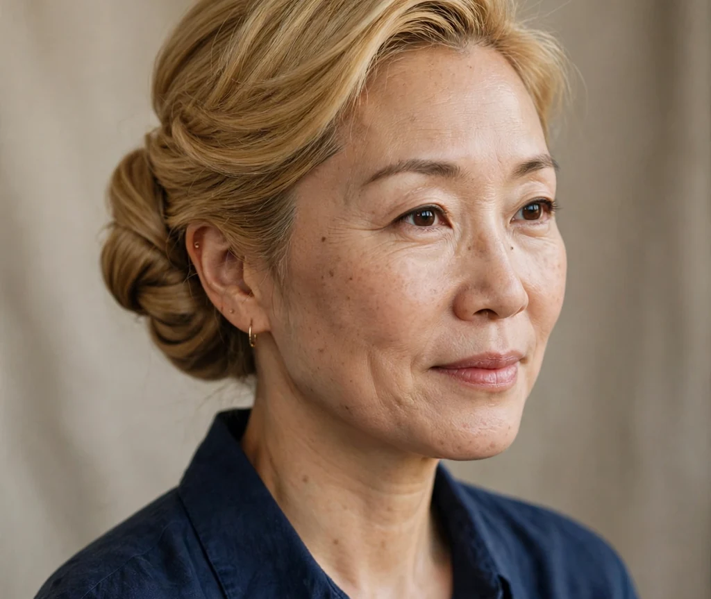 East Asian woman with an elegant honey blonde chignon in a navy blouse