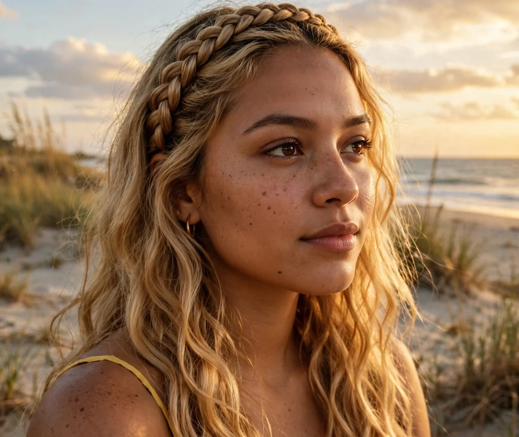 Latina woman with a honey blonde braided headband in a yellow dress on the beach