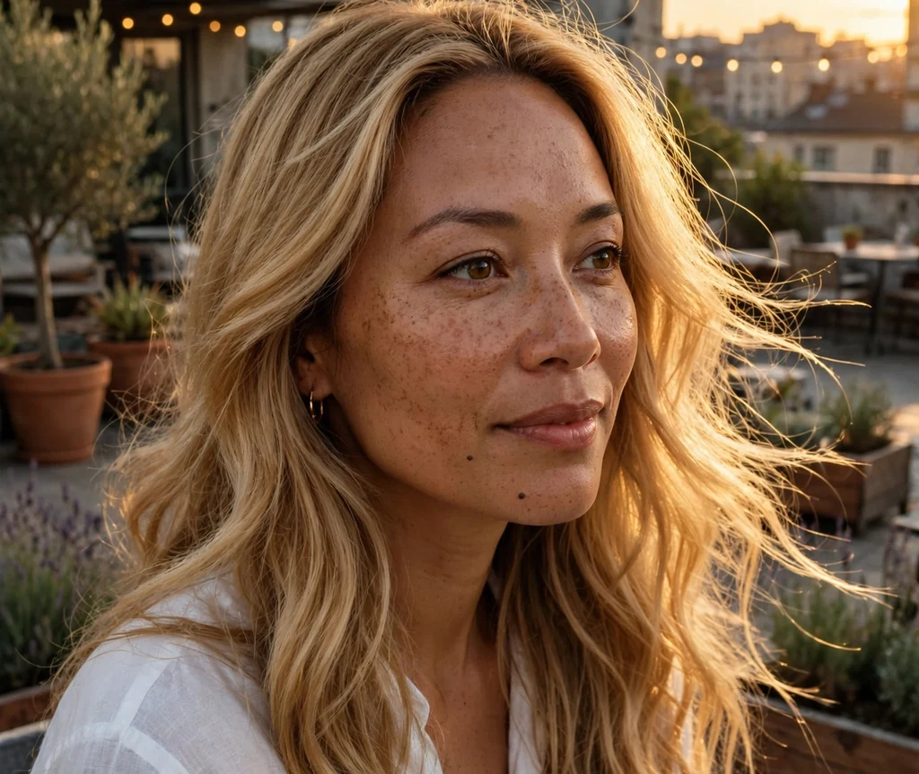 Woman with long flowing honey blonde waves in a white blouse on a rooftop at golden hour