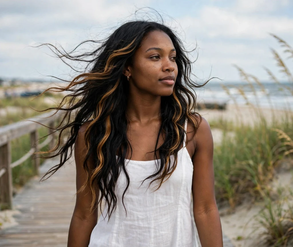 Black woman with classic honey brown balayage waves on a beach boardwalk