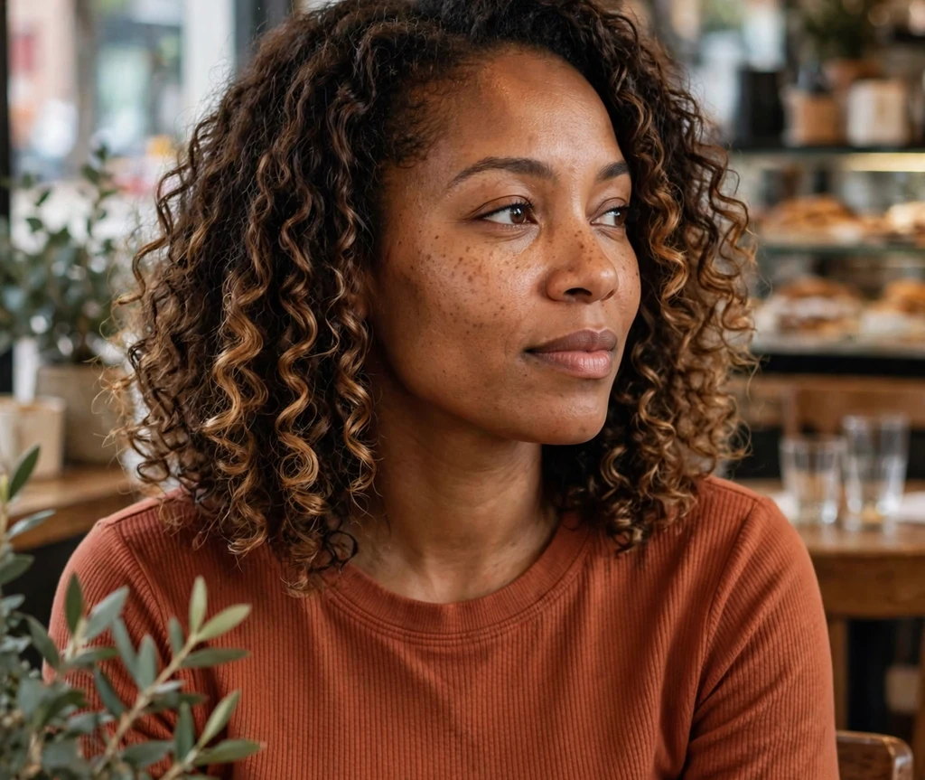 Black woman with subtle honey-kissed curls at a coffee shop