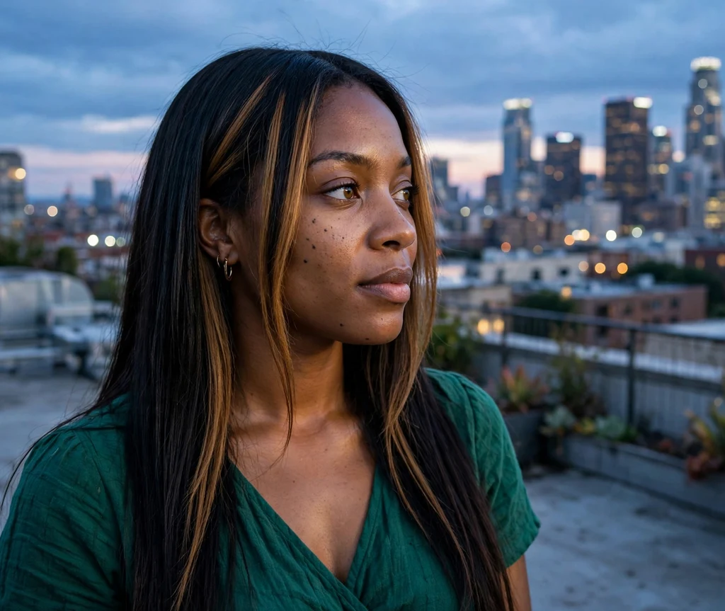 Black woman with face-framing honey highlights on a city rooftop