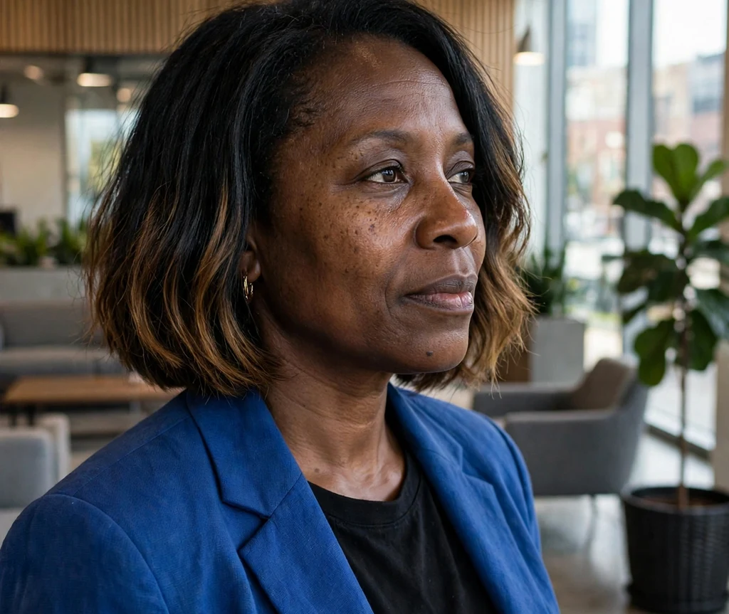 Black woman with a honey brown balayage bob in an office lobby