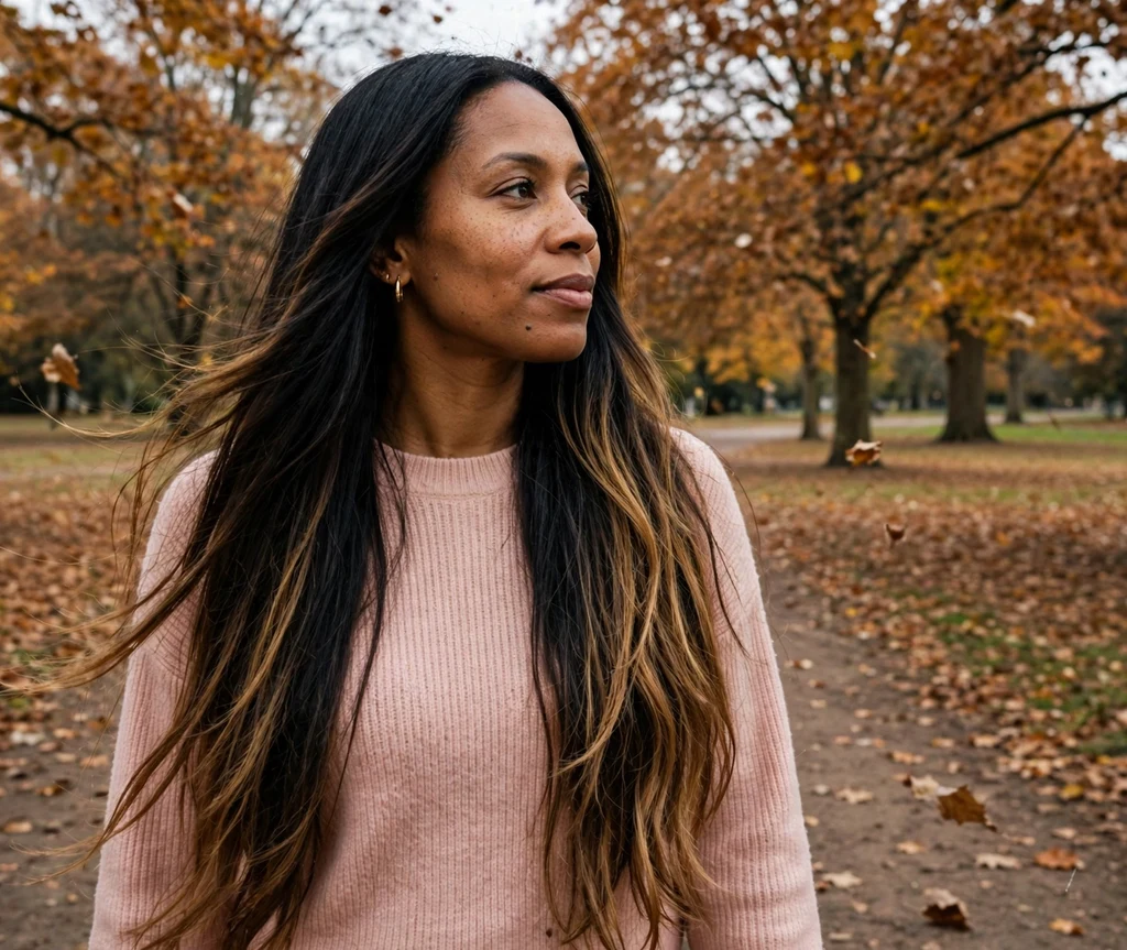 Black woman with long honey melt layers on an autumn park path